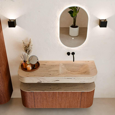 MONDIAZ THOR-DLUX 130cm badmeubel ronding links + rechts kleur Ruby met 1 lade en 2 deuren. Vrijhangende wastafel CLOUD Rechts zonder kraangat kleur Arena.