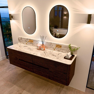 Mondiaz CIRO-DLUX Badkamermeubelset - 180x45x50cm - Solid surface wastafel Glace - 2 wasbak Dubbel - zonder kraangaten - 4 lades - Walnut
