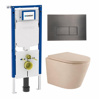 QeramiQ Dely Toiletset - 36.3x51.7cm - diepspoel - rimless - Geberit UP720 inbouwreservoir - softclose toilet zitting - 35mm - gunmetal bedieningsplaat - rechthoekige knoppen - mat beige