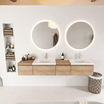 MONDIAZ BUKLA 200cm meuble de salle de bains avec module 40 à droite couleur Washed Oak avec 4 tiroirs. Lavabo CLOUD double 2 trous de robinet couleur Talc.