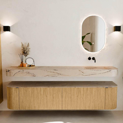 MONDIAZ THOR-DLUX 200cm meuble de salle de bains arrondi gauche + droite couleur Chêne avec 2 tiroirs et 2 portes. Vasque suspendue CLOUD Droite sans trou de robinet couleur Arena.