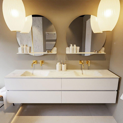 MONDIAZ VICA-DLUX Ensemble meuble de salle de bains - 200cm - meuble bas Talc - 4 tiroirs - lavabo encastré Cloud double - sans trous de robinet - version haute 60cm - Opalo