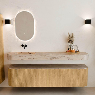 MONDIAZ THOR-DLUX 180cm meuble de salle de bains arrondi gauche + droite couleur Oak avec 2 tiroirs et 2 portes. Vasque suspendue CLOUD Gauche sans trou de robinet couleur Arena.