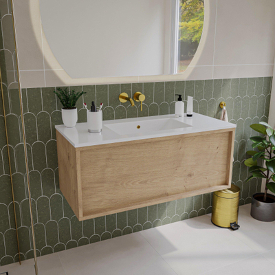 Saniclass Holz Frame Badkamermeubelset - 100x45x40cm - keramische wastafel wit - 1 wasbak - zonder kraangaten - 1 lade - Eiken Natural