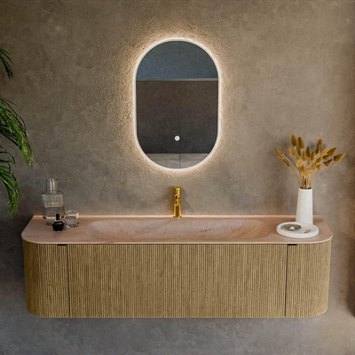 MONDIAZ KURVE-DLUX Meuble de salle de bains 160cm arrondi Gauche + Droite couleur Dusk avec 1 tiroir et 2 portes. Lavabo BIG MEDIUM Central 1 trou de robinet Saba.