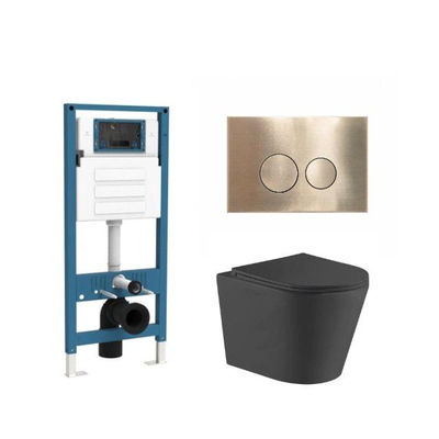QeramiQ Dely Ensemble WC - réservoir encastré Qeramiq Flush - abattant slim - plaque de commande en métal laiton brossé - boutons ronds - noir mat