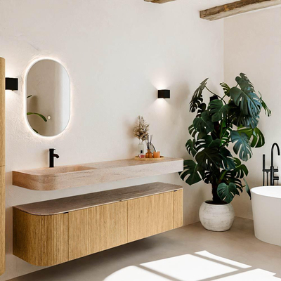 MONDIAZ THOR-DLUX 180cm meuble de salle de bains arrondi gauche + droite couleur Oak avec 2 tiroirs et 2 portes. Vasque suspendue CLOUD Gauche 1 trou de robinet couleur Saba.