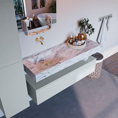 Mondiaz ALAN-DLUX Ensemble de meuble - 130cm - meuble Clay mat - 1 tiroir - Lavabo Cloud Glace suspendu - vasque Gauche - 0 trous de robinet