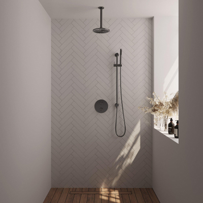 BRAUER Douche à l'italienne thermostatique Gunmetal Carving - 3 voies - rond - set 89 - douche principale de 20 cm - bras plafond - douchette à main - flexible de douche - glissière intégrée - gunmetal brossé PVD