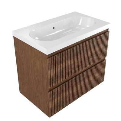 Saniclass Holz Atelier Ensemble meuble de salle de bains - 80x45x63.5cm - lavabo en céramique Palermo blanc - 1 vasque - sans trou de robinet - 2 tiroirs - walnut pure mat (bois)