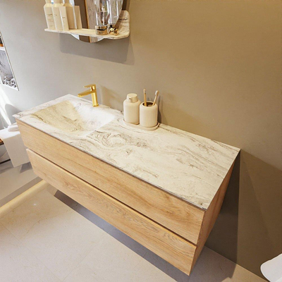 Mondiaz VICA-DLUX Ensemble de meuble de salle de bain - 130cm - meuble sous-vasque chêne blanchi - 2 tiroirs - lavabo encastré cloud gauche - 1 trou de robinet - version haute de 60cm - glace