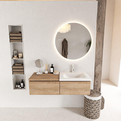 MONDIAZ BUKLA 120cm badmeubel met module 60 kleur Washed Oak met 2 lades. Wastafel CLOUD rechts 1 kraangat kleur Talc.