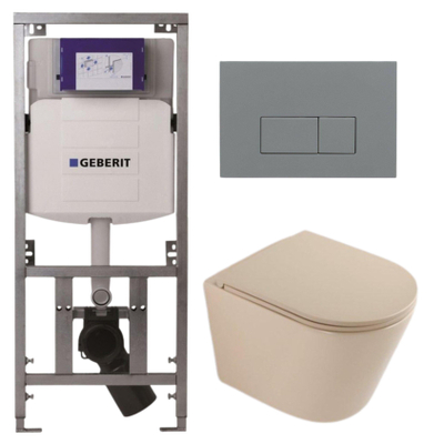 QeramiQ Dely Pack WC - 36,3x51,7cm - à fond creux - sans bride - réservoir encastré Geberit UP320 - abattant WC à fermeture douce - plaque de déclenchement gris clair - boutons rectangulaires - mat beige