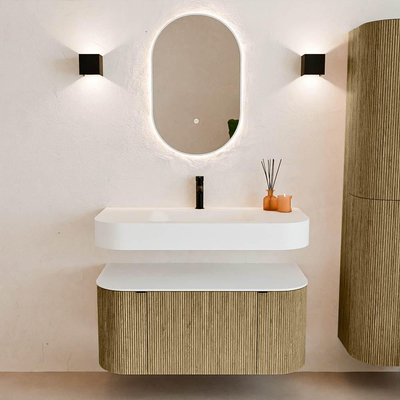 MONDIAZ THOR 100cm meuble de salle de bains arrondi gauche + droite couleur Dusk avec 1 tiroir et 2 portes. Vasque suspendue CLOUD Milieu 1 trou de robinet couleur Talc.