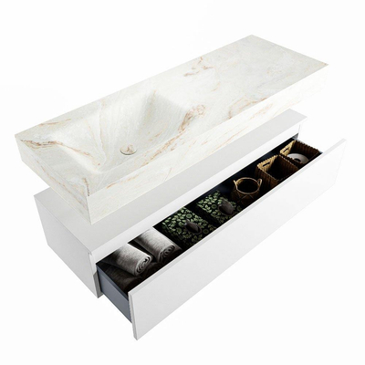 Mondiaz ALAN-DLUX Ensemble de meuble - 130cm - meuble Talc mat - 1 tiroir - Lavabo Cloud Frappe suspendu - vasque Gauche - 0 trous de robinet