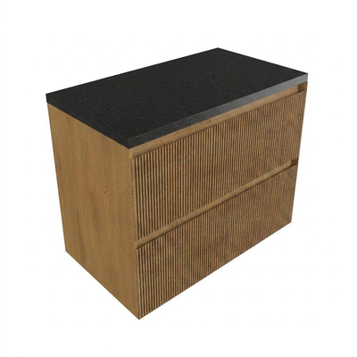 Saniclass Holz Atelier Ensemble meuble de salle de bains - 80x45x63cm - plan vasque en basalte Noche poli (noir) - sans trou de robinetterie - 2 tiroirs - chêne natural mat (bois)