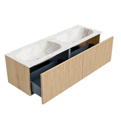 MONDIAZ KURVE-DLUX 140cm Meuble salle de bain - couleur Oak - 2 tiroirs - vasque STOR SMALL double - sans trou de robinet - couleur Frappe