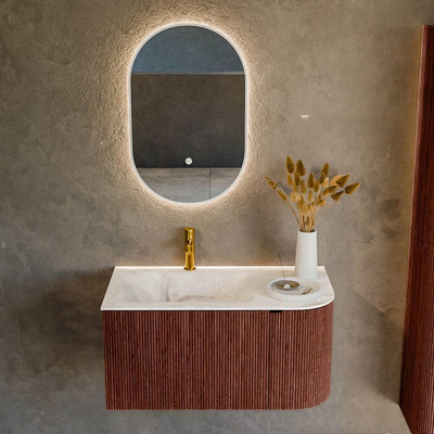 Mondiaz KURVE-DLUX Ensemble de meuble de salle de bains - 85x46x40cm - 1 tiroir - 1 porte - lavabo solid surface - gauche - 1 trou de robinet - Ruby