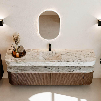 MONDIAZ THOR-DLUX 200cm meuble de salle de bains arrondi gauche + droite couleur Walnut avec 2 tiroirs et 2 portes. Vasque suspendue CLOUD Milieu 1 trou de robinet couleur Glace.