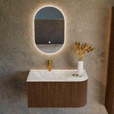 MONDIAZ KURVE-DLUX meuble de salle de bains 85cm avec module 25 R couleur noyer avec 1 tiroir et 1 porte. Vasque CLOUD à gauche 1 trou de robinetterie couleur Glace.