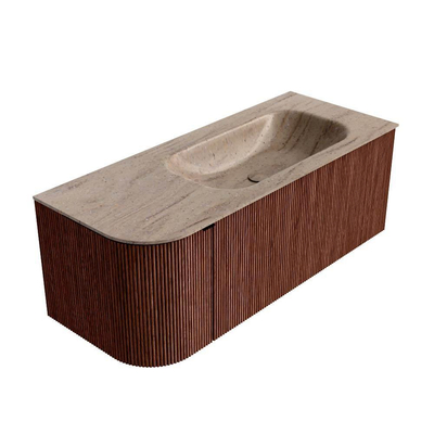 MONDIAZ KURVE-DLUX Meuble de salle de bains 115cm arrondi à gauche couleur Ruby avec 1 tiroir et 1 porte. Vasque BIG SMALL à droite sans trou de robinet Saba.