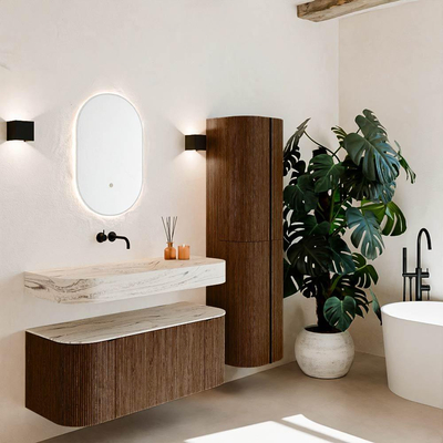 MONDIAZ THOR-DLUX 110cm badmeubel ronding links + rechts kleur Walnut met 1 lade en 2 deuren. Vrijhangende wastafel CLOUD Midden zonder kraangat kleur Nata.