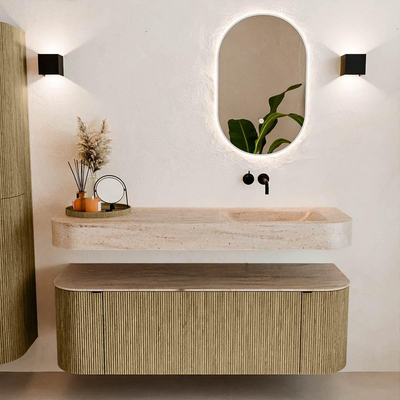 MONDIAZ THOR-DLUX 140cm meuble de salle de bains arrondi gauche + droite couleur Dusk avec 1 tiroir et 2 portes. Vasque suspendue CLOUD Droite sans trou de robinet couleur Saba.