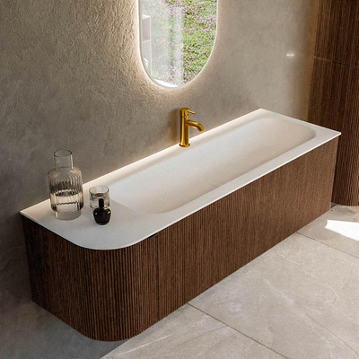 MONDIAZ KURVE 145cm badmeubel met module 25 L kleur Walnut met 1 lade en 1 deur. Wastafel BIG LARGE rechts 1 kraangat Talc.