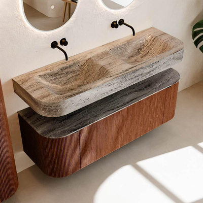 MONDIAZ THOR-DLUX 140cm meuble de salle de bains arrondi gauche + droite couleur Ruby avec 1 tiroir et 2 portes. Vasque suspendue CLOUD Double sans trou de robinet couleur Oza.