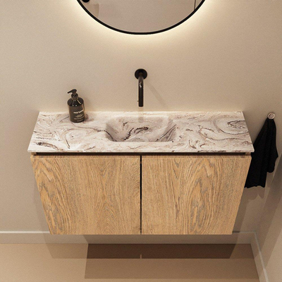 MONDIAZ TURE-DLUX Meuble WC 80 cm Washed Oak. Lavabo EDEN Glace position milieu. Sans trou de robinet.