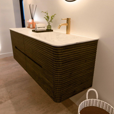 Mondiaz CIRO-DLUX Badkamermeubelset - 140x45x50cm - Solid surface wastafel Opalo - 1 wasbak Rechts - 1 kraangat - 4 lades - Shadow