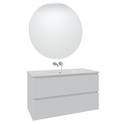 Adema Chaci Meuble salle de bain - 100x46x57cm - 1 vasque en céramique blanche - sans trou de robinet - 2 tiroirs - miroir rond avec éclairage - blanc mat