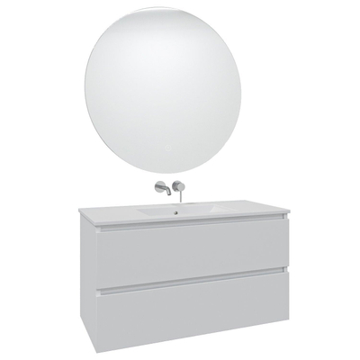Saniclass Chaci Meuble de salle de bain - 100x46x55cm - lavabo en céramique blanc - 1 vasque - sans trous de robinet - 2 tiroirs - ronde miroir avec éclairage - blanc mat