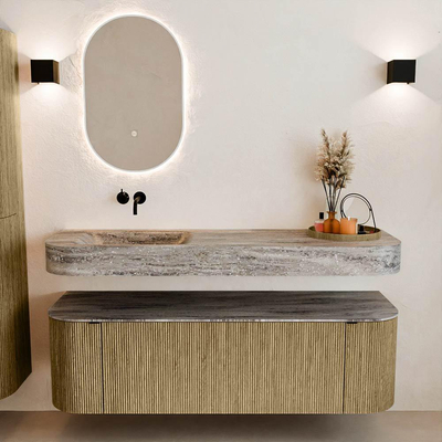 MONDIAZ THOR-DLUX 150cm meuble de salle de bains arrondi gauche + droite couleur Dusk avec 1 tiroir et 2 portes. Vasque suspendue CLOUD Gauche sans trou de robinet couleur Oza.