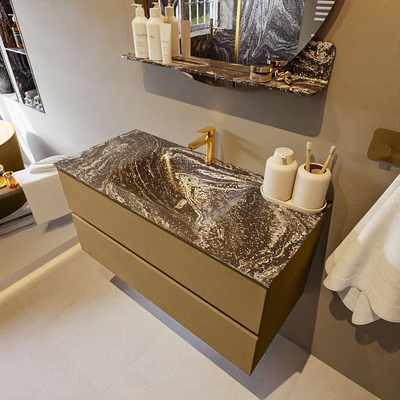 Mondiaz VICA-DLUX Ensemble de meuble de salle de bain - 100cm - meuble sous-vasque oro - 2 tiroirs - lavabo encastrée cloud milieu - 1 trou de robinet - version haute de 60cm - lave