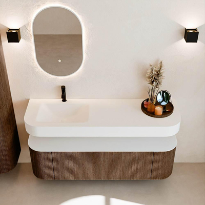 MONDIAZ THOR 150cm meuble de salle de bains arrondi gauche + droite couleur Walnut avec 1 tiroir et 2 portes. Vasque suspendue CLOUD gauche 1 trou de robinet couleur Talc.