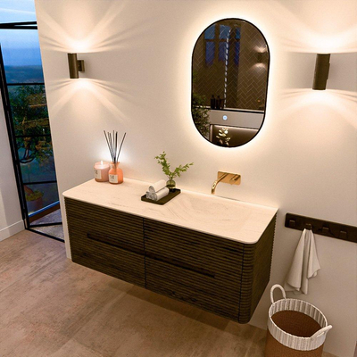 Mondiaz CIRO-DLUX Ensemble meuble de salle de bains - 130x45x50cm - Vasque solid surface Meli - 1 vasque à droite - sans trous de robinet - 4 tiroirs - Shadow