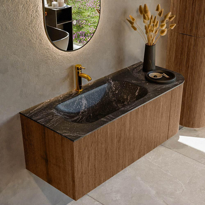 MONDIAZ KURVE-DLUX 115cm Meuble salle de bain avec module 25 D - couleur Walnut - 1 tiroir - 1 porte - vasque BIG SMALL gauche - 1 trou de robinet - couleur Lava