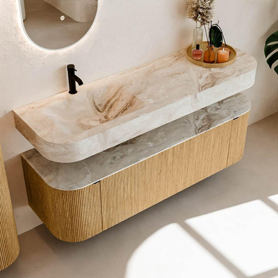 MONDIAZ THOR-DLUX 150cm badmeubel ronding links + rechts kleur Oak met 1 lade en 2 deuren. Vrijhangende wastafel CLOUD Links 1 kraangat kleur Frappe.