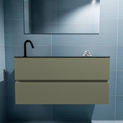 MONDIAZ ADA Meuble de toilettes - 100x30x50cm - 1 trou de robinet - 2 tiroirs - army mat - lavabo à gauche - Solid surface - Noir