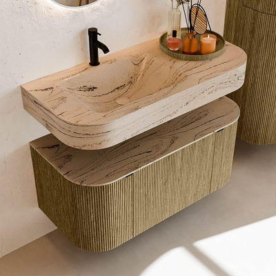 MONDIAZ THOR-DLUX 100cm meuble de salle de bains arrondi gauche + droite couleur Dusk avec 1 tiroir et 2 portes. Vasque suspendue CLOUD gauche 1 trou de robinet couleur Arena.