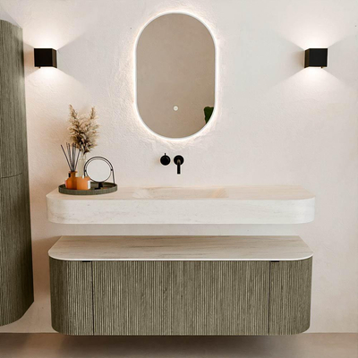 MONDIAZ THOR-DLUX 140cm badmeubel ronding links + rechts kleur Shadow met 1 lade en 2 deuren. Vrijhangende wastafel CLOUD Midden zonder kraangat kleur Meli.