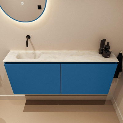 MONDIAZ TURE-DLUX Meuble WC 120cm Jeans. Lavabo EDEN Ostra position gauche. Sans trou de robinet.