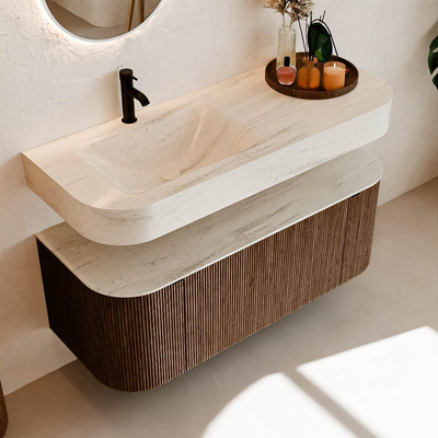 MONDIAZ THOR-DLUX 120cm meuble de salle de bains arrondi gauche + droite couleur Walnut avec 1 tiroir et 2 portes. Vasque suspendue CLOUD gauche 1 trou de robinet couleur Meli.