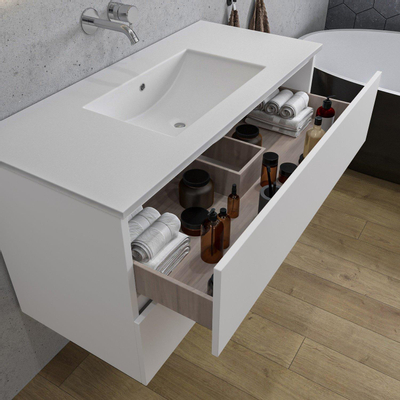 Adema Chaci Ensemble salle de bain - 100x46x57cm - 1 vasque en céramique blanche - sans trous de robinet - 2 tiroirs - miroir rectangulaire - blanc mat