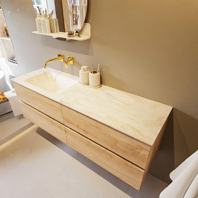 Mondiaz VICA-DLUX ensemble de meuble de salle de bain - 150cm - meuble sous-vasque chêne blanchi - 4 tiroirs - lavabo encastré nuage gauche - sans trous de robinet - version haute de 60cm - ostra