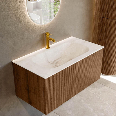 MONDIAZ KURVE-DLUX 90cm Meuble salle de bain - couleur Walnut - 1 tiroir - vasque BIG SMALL centre - 1 trou de robinet - couleur Frappe