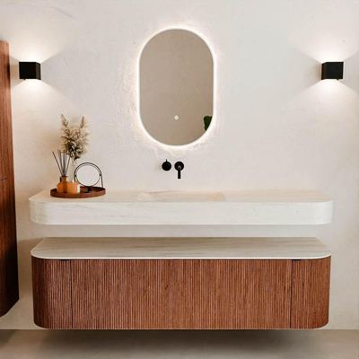 MONDIAZ THOR-DLUX 170cm meuble de salle de bains arrondi gauche + droite couleur Ruby avec 1 tiroir et 2 portes. Vasque suspendue CLOUD Centre sans trou de robinet couleur Meli.