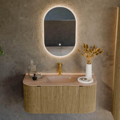 MONDIAZ KURVE-DLUX Meuble de salle de bains 100cm arrondi Gauche + Droite couleur Dusk avec 1 tiroir et 2 portes. Lavabo GRUNNE Central 1 trou de robinet Saba.