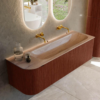 MONDIAZ KURVE-DLUX 145cm meuble de salle de bains arrondi gauche couleur Ruby avec 1 tiroir et 1 porte. Lavabo BIG LARGE droit sans trou de robinet Saba.